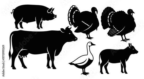 Farm Animals Silhouettes Collection: Pig, Cow, Turkey, Goose, and Calf