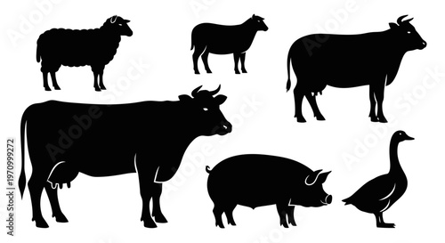 Farm Animals Silhouettes Collection: Cow, Sheep, Pig, and Goose Livestock Set