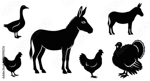 Farm Animals Silhouettes Collection: Goose, Donkey, Chicken, and Turkey