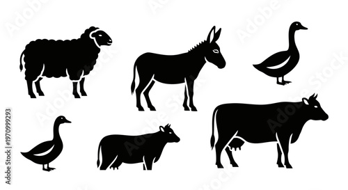 Farm Animals Silhouettes Collection: Sheep, Donkey, Geese, and Cows Icons on White Background