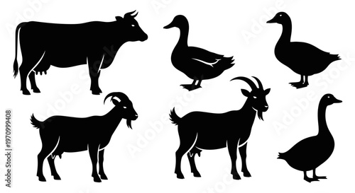 Farm Animals Silhouettes Set: Cow, Goats, and Ducks Icons