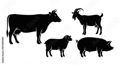 Farm Animals Silhouettes Set: Cow, Goat, Sheep, and Pig Icons on White Background