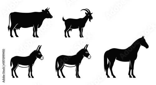 Farm Animals Silhouettes Set: Cow, Goat, Donkeys, and Horse on White Background