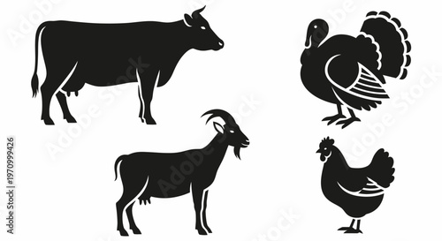 Farm Animals Silhouettes Set: Cow, Goat, Turkey, and Chicken Icons for Agriculture and Livestock