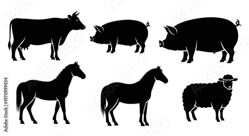 Farm Animals Silhouettes Set: Cow, Pigs, Horses, and Sheep Icons