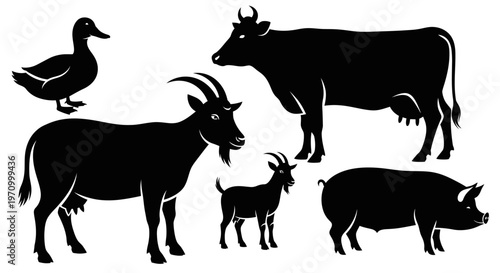 Farm Animals Silhouettes Set: Cow, Pig, Duck, and Goats Vector Illustration