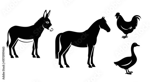 Farm Animals Silhouettes Set: Donkey, Horse, Chicken, and Goose Isolated on White