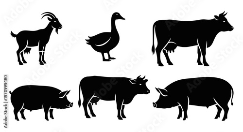 Farm Animals Silhouettes Set: Goat, Goose, Cow, and Pig Icons