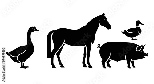 Farm Animals Silhouettes Set: Goose, Horse, Pig, and Duck Icons