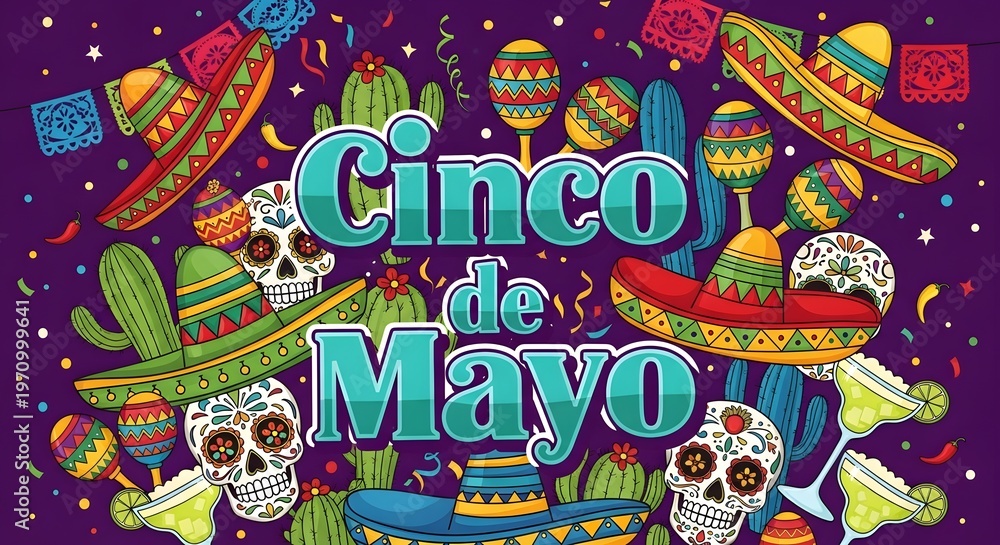Naklejka premium vibrant cinco de mayo celebration with mexican skulls and sombreros illustration