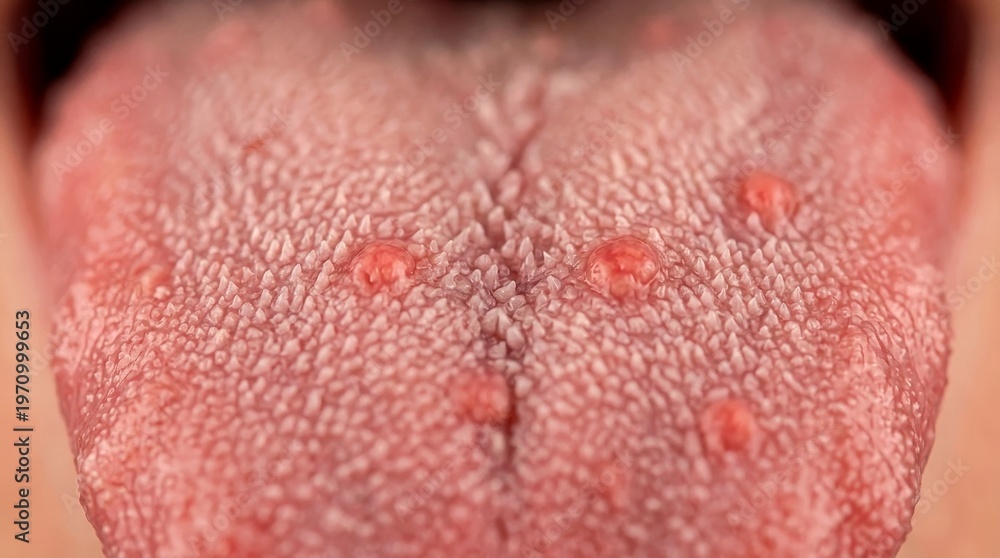 Fototapeta premium Extreme macro human tongue close up showing papillae texture anatomical detail medical study