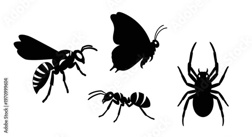 Insect and Arachnid Silhouettes Collection: Wasp, Butterfly, Ant, and Spider Icons