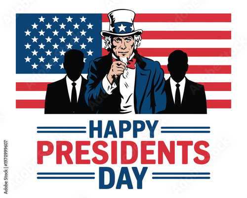 A patriotic illustration celebrating Presidents Day with Uncle Sam