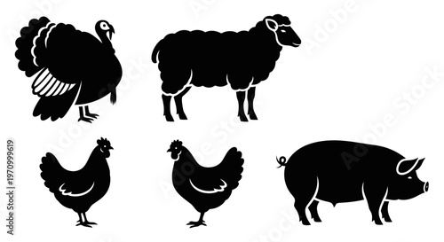 Farm Animals Silhouettes: Turkey, Sheep, Chickens, and Pig Icons