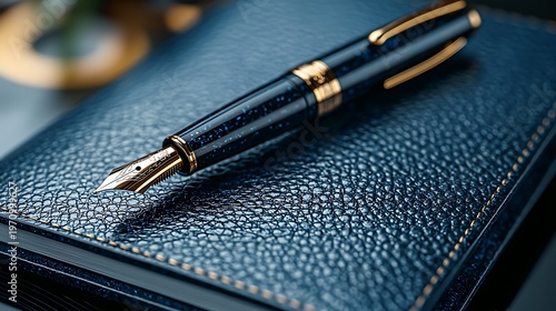 Elegant fountain pen resting on a luxurious blue leather-bound journal