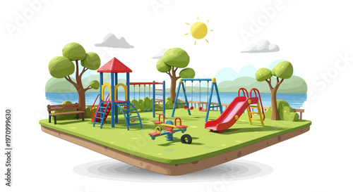Vibrant children's playground with slides and swings on a sunny day.