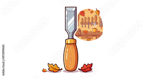 Woodworking Chisel Illustration with Cozy Autumn Workshop Scene