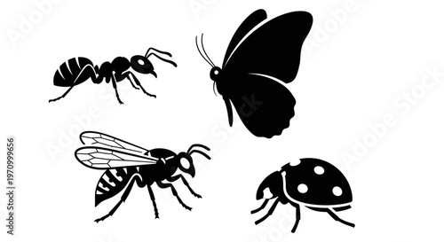 Insect Silhouettes Collection: Ant, Butterfly, Wasp, and Ladybug Vector Set