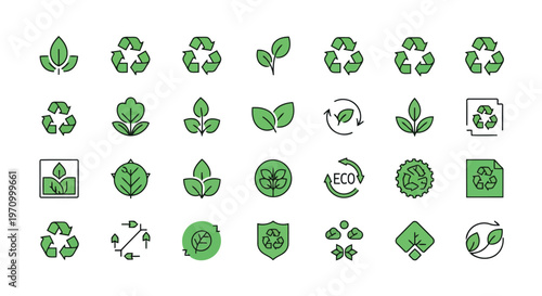 Collection of eco-friendly recycling and sustainability symbols for environmental awareness