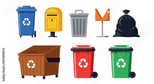 Colorful assortment of waste and recycling bins for proper disposal management