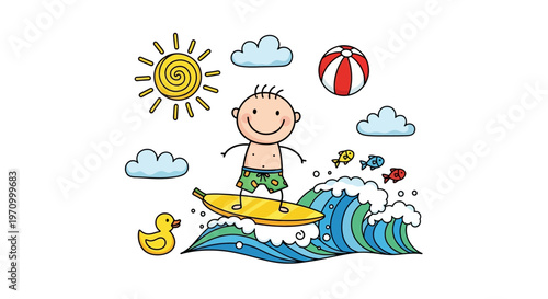 Happy cartoon boy surfing on a surfboard on a wave