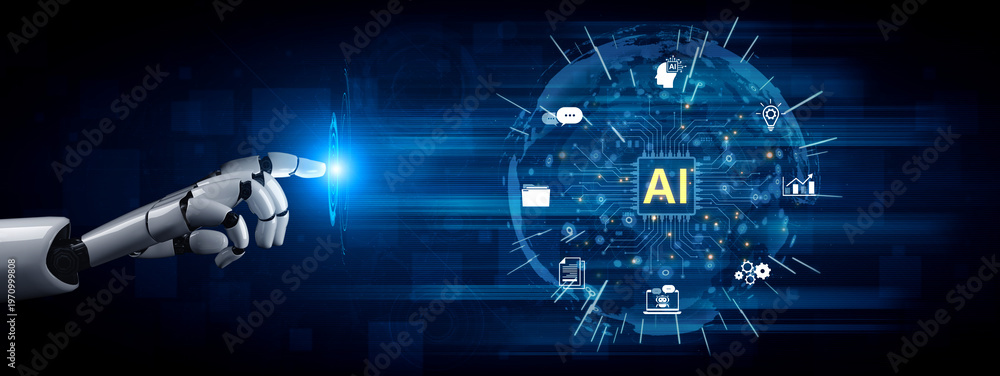 Naklejka premium A generative AI assistant presents its global platform for business. The system provides integrated solutions for data analysis, automation, and innovation on a worldwide scale. Fermion