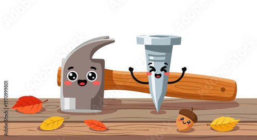 Happy cartoon nail and hammer with autumn leaves