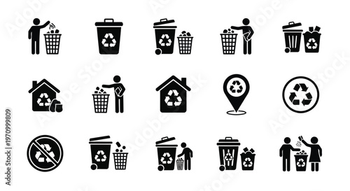 Collection of icons representing various recycling and waste disposal methods and symbols