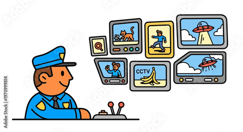 Police officer monitors various screens showing cats, aliens, and bananas.