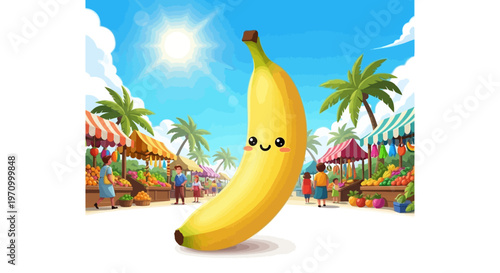 A cheerful banana character at a sunny tropical fruit market.