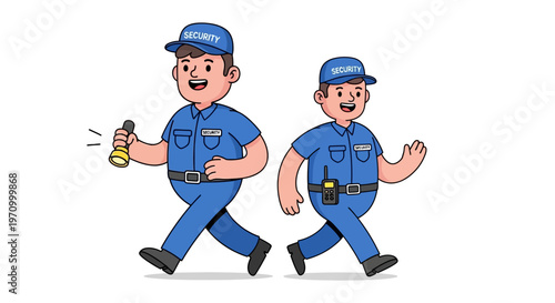 Two cartoon security guards patrolling with a flashlight and radio