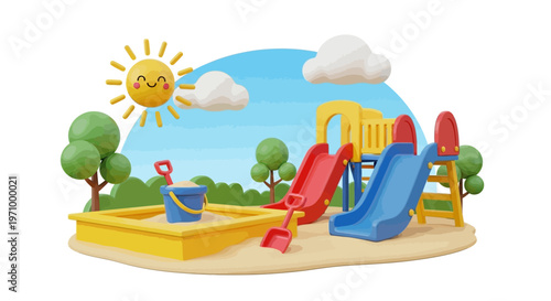 A vibrant playground scene with slides, a sandpit, and a happy sun.