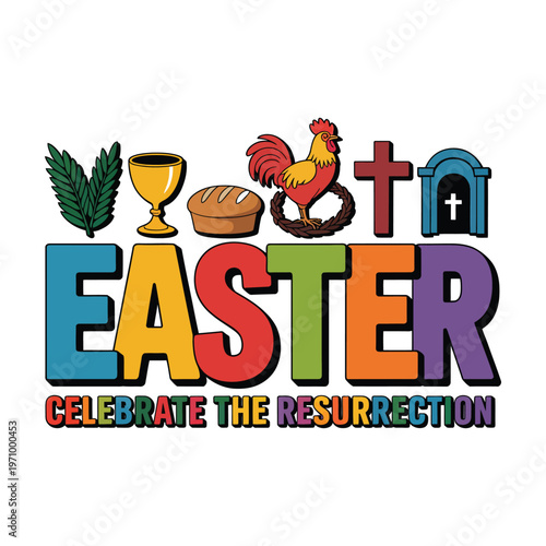 A colorful Easter graphic celebrating the resurrection of Jesus Christ