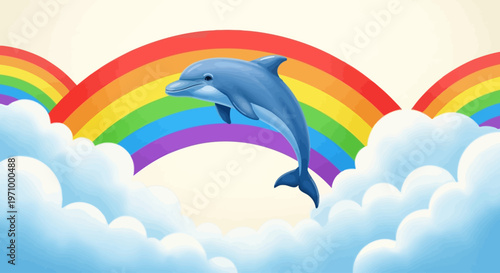 Illustration of a happy blue dolphin jumping over a colorful rainbow in the clouds