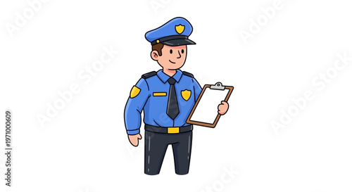 Friendly cartoon police officer holding a blank clipboard on a white background