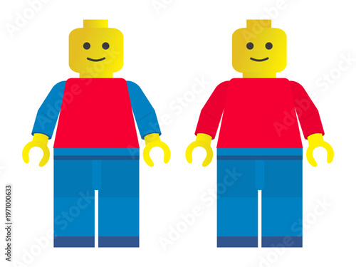 Two plastic toy mini figures with red shirts and blue pants