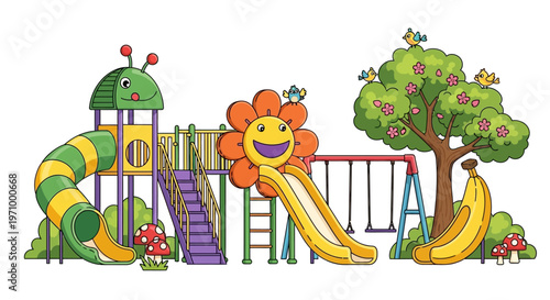 Colorful cartoon illustration of a kids playground equipment set on white background
