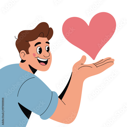 A cheerful cartoon man holding a pink heart in his hand