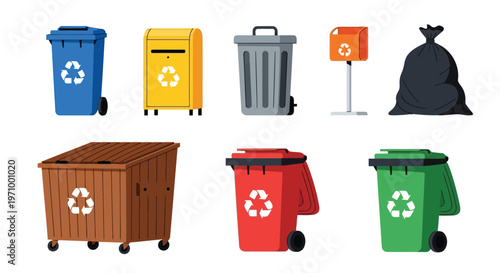 Illustrative depiction of various types of recycling and waste disposal bins