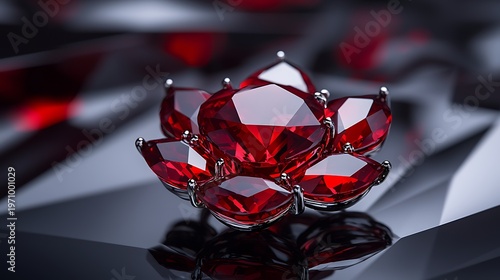 Exquisite arrangement of deep red gemstones forming a floral pattern on a reflective dark surface