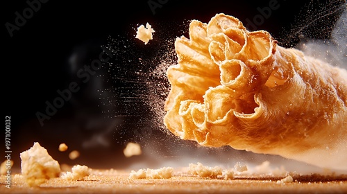 Exploding Delicious Pastry with Powdered Sugar and Crumbs in Motion Against a Dark Background