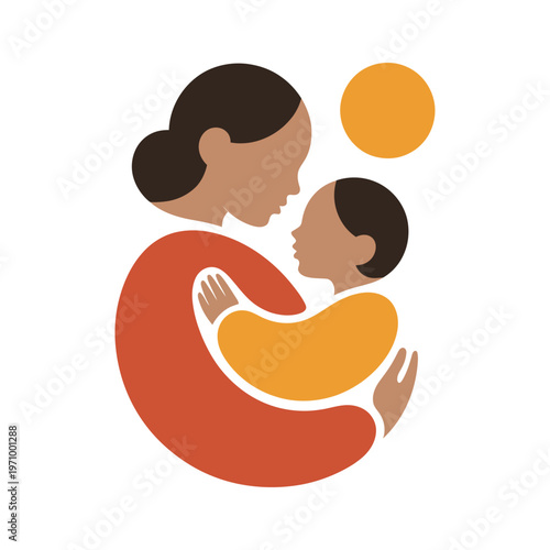 A stylized illustration depicts a mother holding her child close, both looking at each other affectionately under a stylized sun.