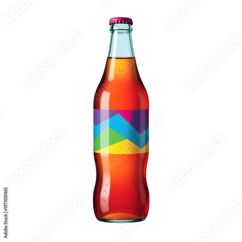 Colorful carbonated drink bottle with geometric label, vibrant refreshment