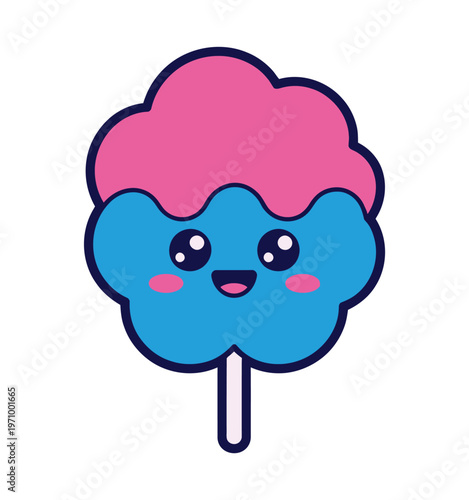 A colorful cartoon cotton candy with a happy face on a stick