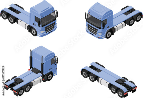 : Isometric semi truck chassis 3D illustration set for logistics and transport design
