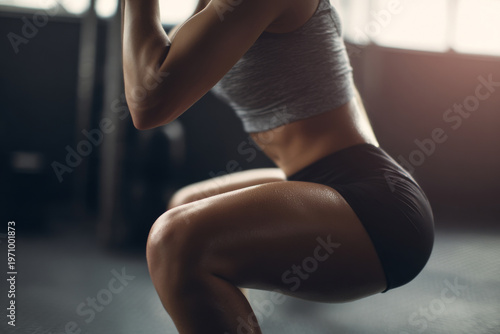 Close-up of athletic woman training legs with squat exercise indoors, natural lighting, realistic movement and effort