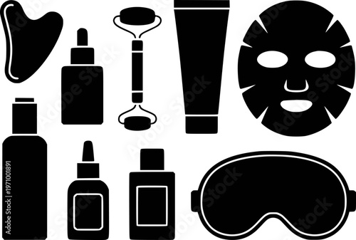 Black Silhouette of Skincare Beauty Tools and Products White Background cosmetic