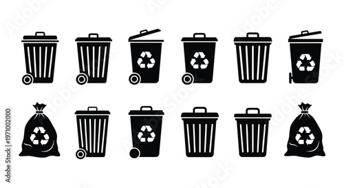 Collection of black and white recycling and waste disposal icons