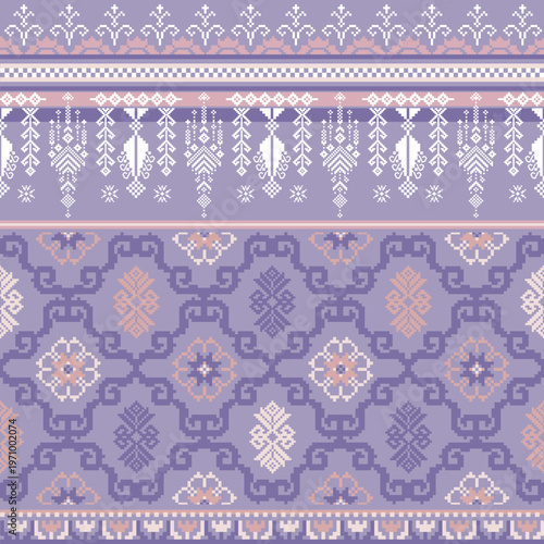An intricate pixel art seamless border featuring traditional ethnic folk motifs in lavender and soft pink. Perfect for textile design, digital backgrounds, and oriental craft inspiration.