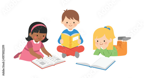 Three diverse children are shown sitting and lying down while happily reading colorful books in a minimalist, flat vector illustration style.